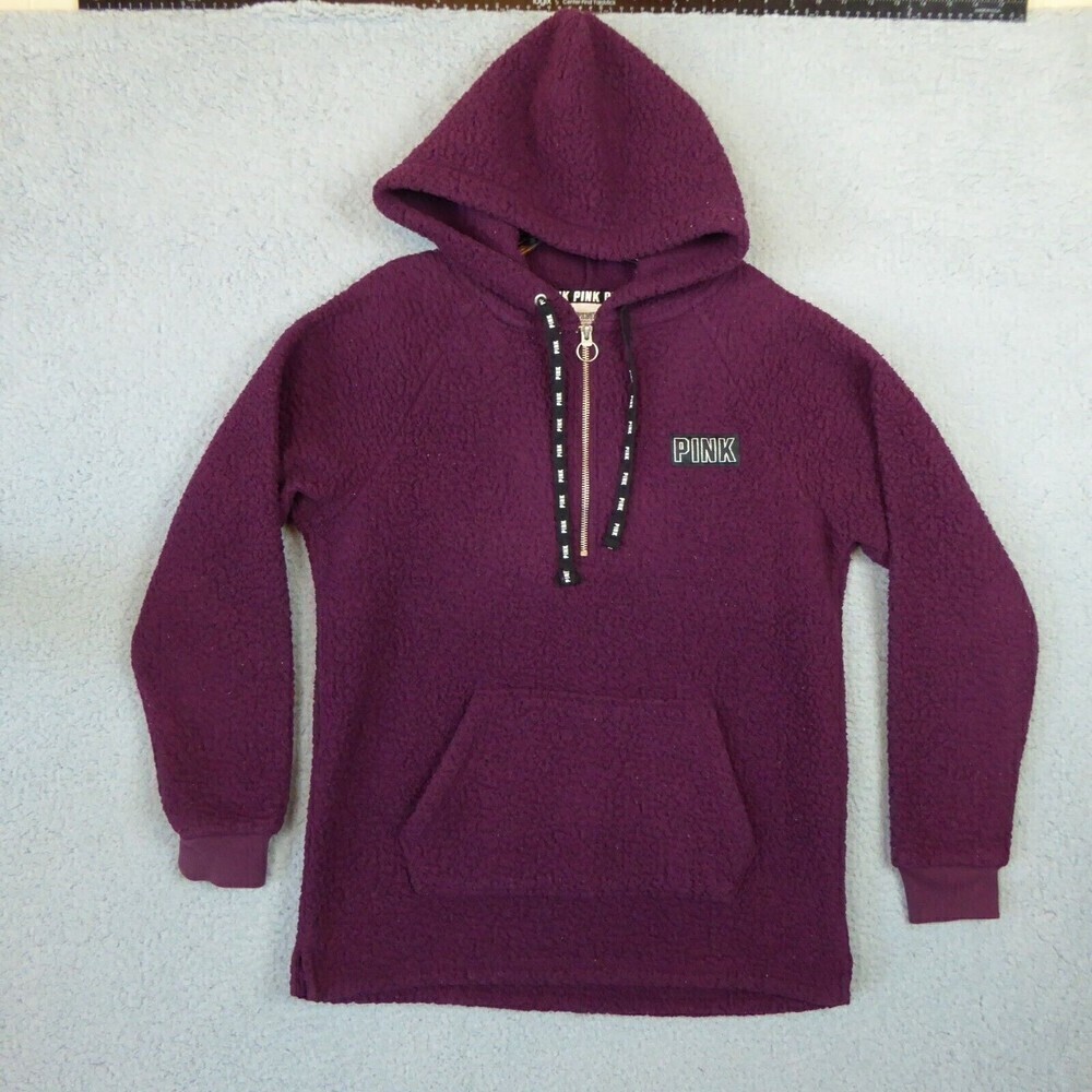 Victoria Secret Hoodie Women Extra Small Pink Pull Over Sweater Deep Pile Fleece